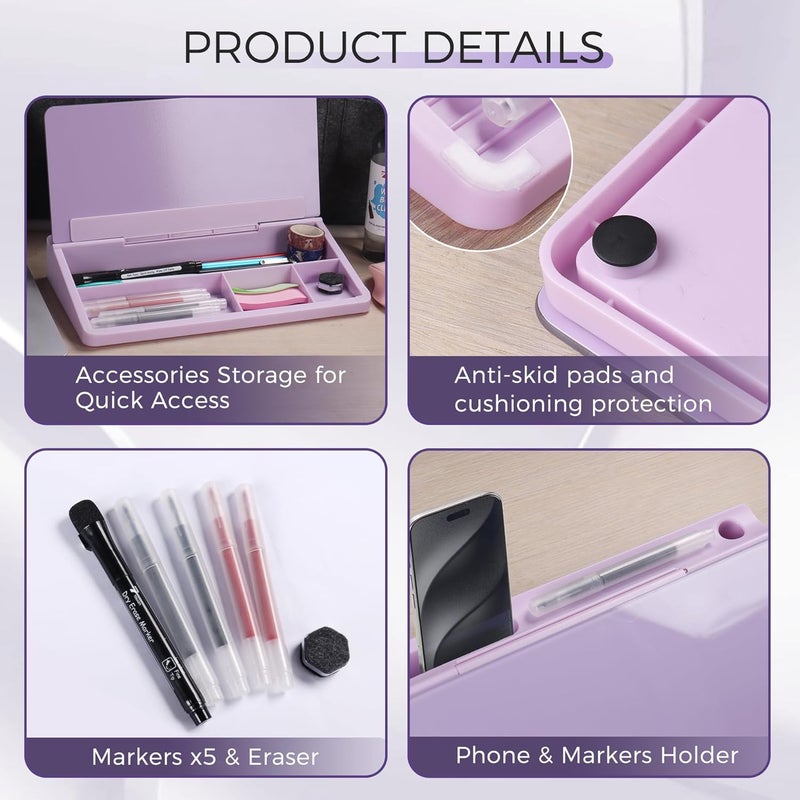 TOWON Small Compact Glass Desktop Whiteboard with Storage – 12 x 7 in Dry Erase Board for Desk, Home Office, School | Includes 5 Markers, Eraser & Holder | Space-Saving Organizer, Aesthetic Lavender - Image 3